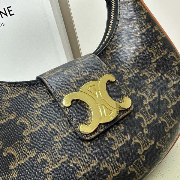 Celine Ava Bag 23cm Triomphe Canvas Black Dark Brown Calfskin