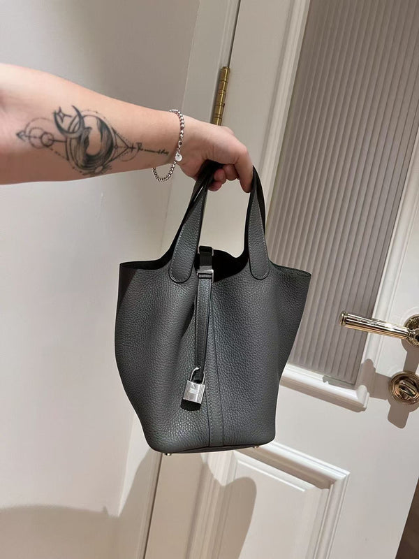 HM Picotin Lock 18 Bag Grey Cowhide