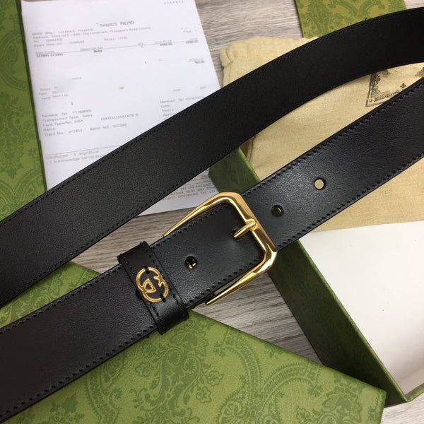 G BELT GOLD SQUARE INSTALL BUCKLE BLACK LEATHER 3.5CM