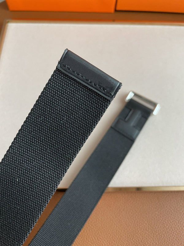 4.0CM BLACK TEXTILE BLACK LEATHER H BELT
