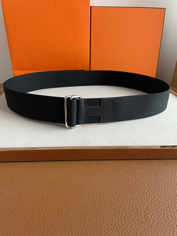 4.0CM BLACK TEXTILE BLACK LEATHER H BELT