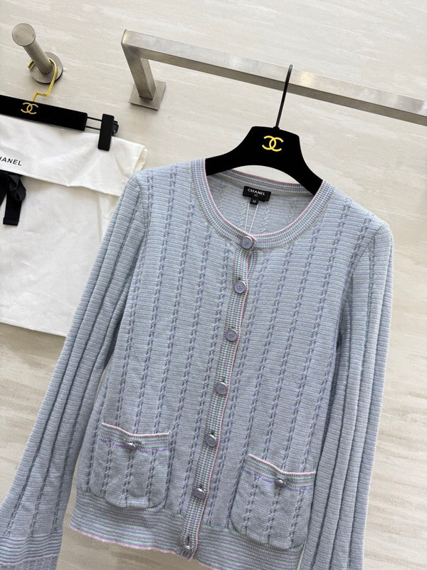 CC 25B Round Neck Single-breasted Furry Sleeve Cardigan Light Blue Cashmere