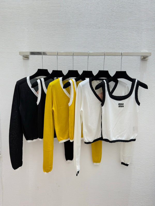 Miumiu Contrast Color Simple Knit Wool Suspender Two-Piece Set
