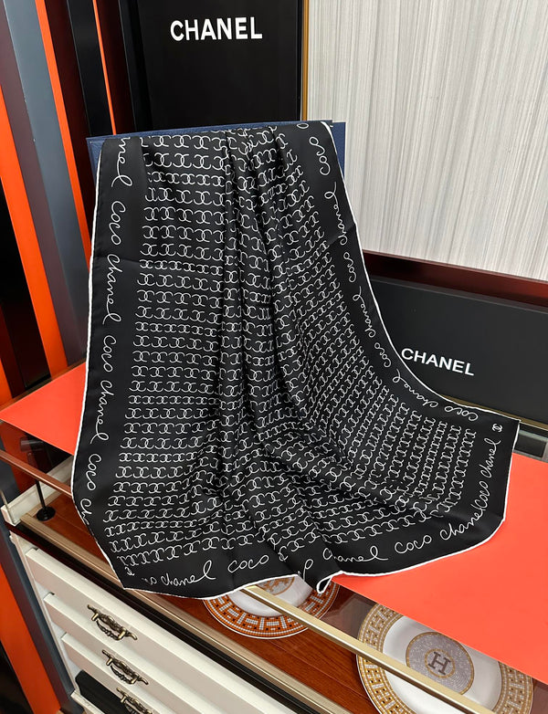 CC Square 90cm Double C Black Silk Scarf 828789
