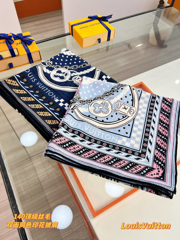 LV OCEAN BANDANA 140 Double-Sided Silk and Wool Scarf 839796