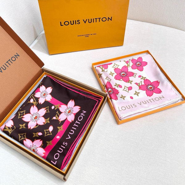 LV x TM MONOGRAM CHERRY BLOSSOM DOUBLE-SIDED BLACK SILK SCARF 839487