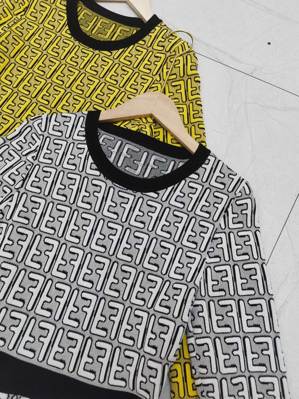 Fendi FF Logo Long Sleeve Jacquard Round Collar Gray Fabric Dress
