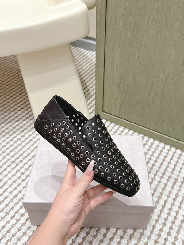 Jimmy Choo Eliot flat Slippers Metallic Eyelets Black Calfskin 568492
