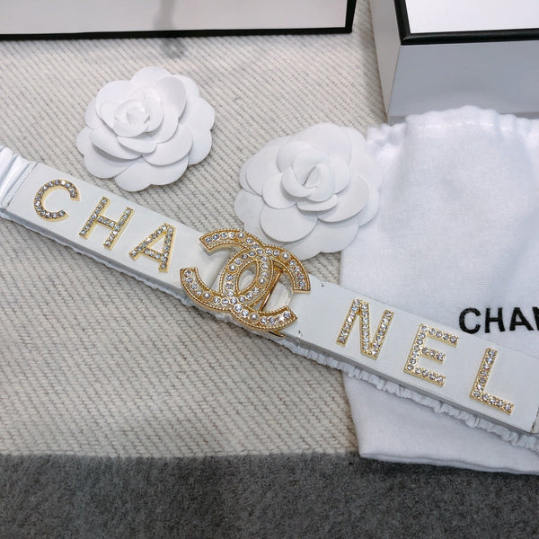 CC Elastic Belt 30mm Gold Rhinestone Logo White Cowhide 614214