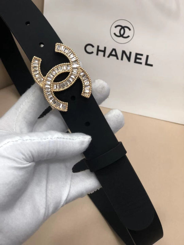 CC Classic Clasp Black Gold Buckle Calfskin Belt 614065