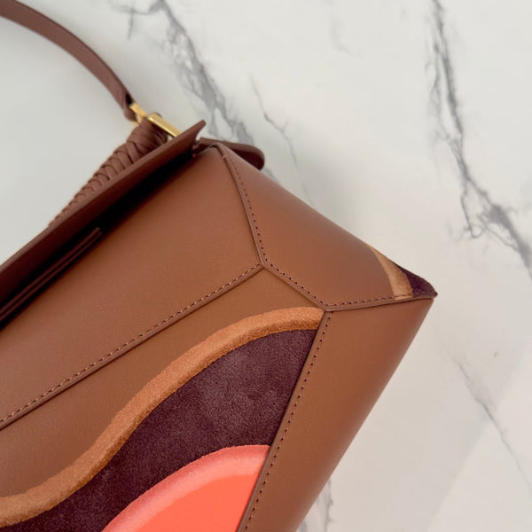 Loewe Puzzle Handbag 24 in Pecan/Parrot Pink Suede 274171