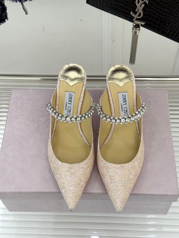 Jimmy Choo Classic Diamond Chain Point Toe High Heels Champagne Glitter Sheepskin 573548