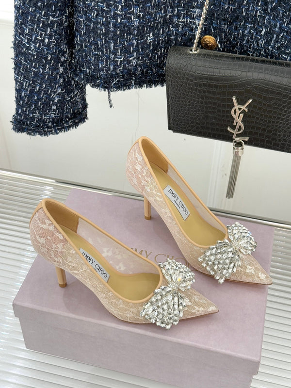 JC25WF Rhinestone Bow Pionted Toe High Heels 85 Nude Sheepskin 573538