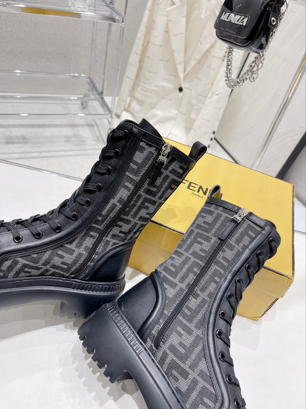 Fendi DOMINO New Monogram Lace-up Boots Black in Sheepskin 576795