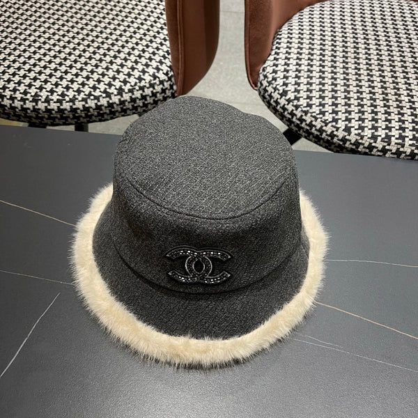 Chanel Korean Style Bucket Hat Gray Plush Fleece 979917