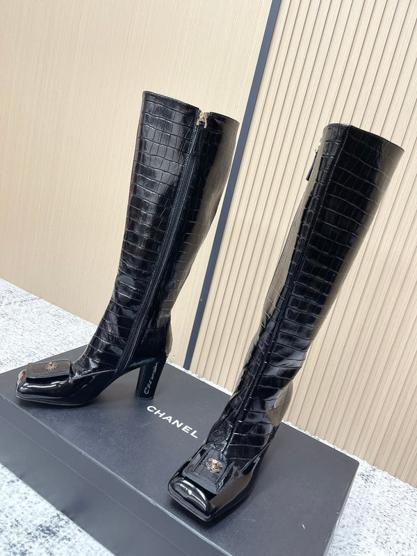 Chanel Croc-Embossed Square-Toe Black High Boots in Cowhide 591398