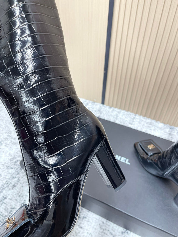 Chanel Croc-Embossed Square-Toe Black High Boots in Cowhide 591398