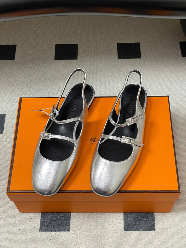 Hermes 26S Mila Open-Heel Sandals Silver in Calfskin 594344