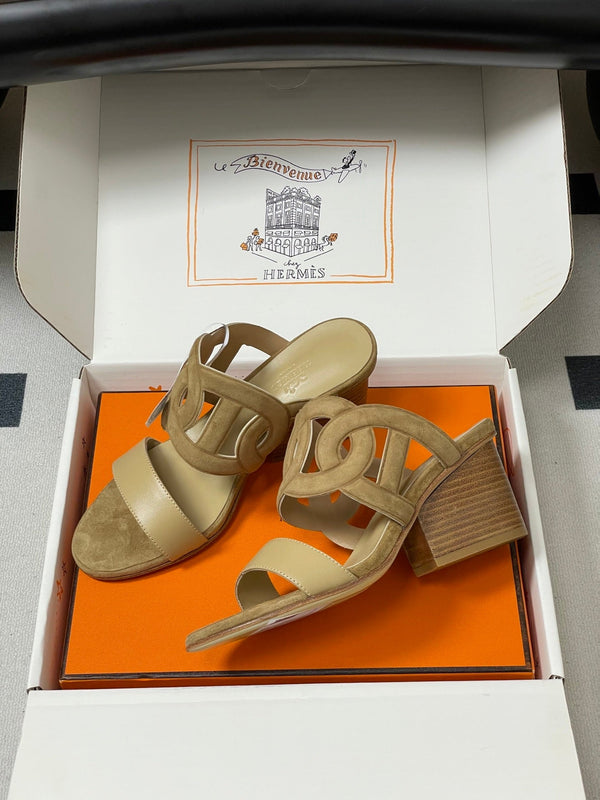 HM Lipari 70 Chunky Heeled Sandal Series Brown Beige in Suede 594331