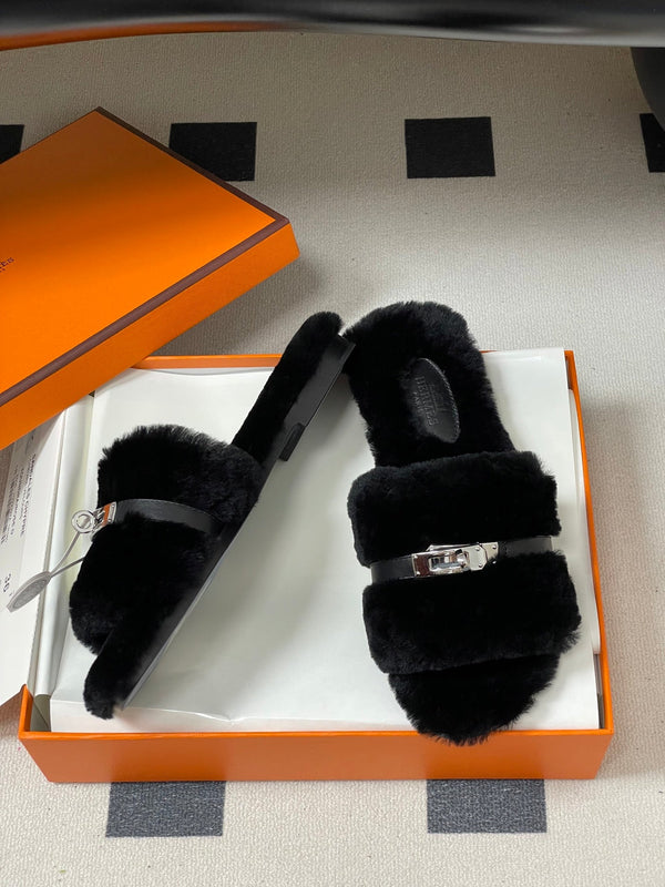Hermes Giulia Kelly Buckle H-Slippers Black in Wool 594329