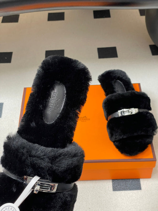 Hermes Giulia Kelly Buckle H-Slippers Black in Wool 594329