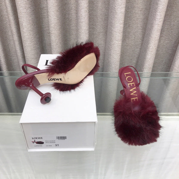 Loewe 25SS Fur-lined Mule 100 Burgundy in Fox Fur 597441