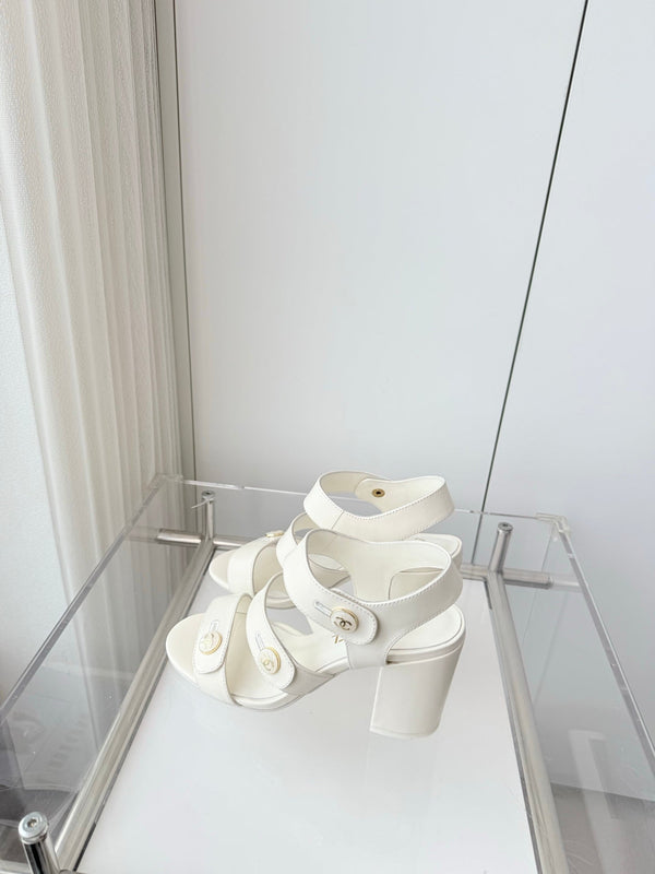 Chanel 26 Turnlock 80 White Sandal Heels in Lambskin 597406