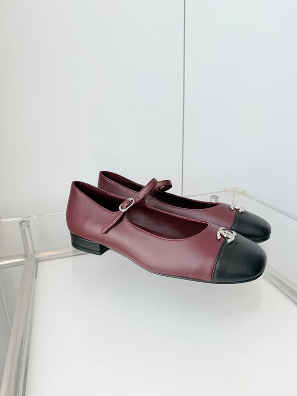 Chanel 26 MaryJane Shoes Burgundy Black Lambskin 597383