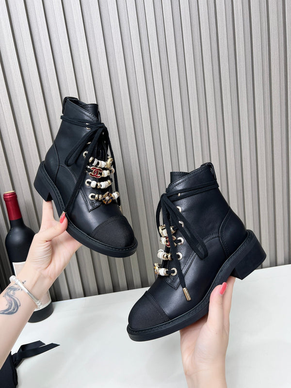 Chanel CC Combat Short Boots With Pearl Black in Calfskin 597894