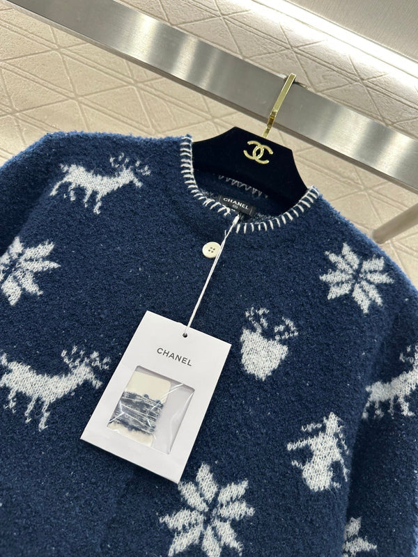 Chanel 26 Jacquard Knit Cardigan Blue in Wool Yarn 801433