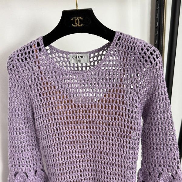 Chanel Hollow-out Knit Flared Long-Sleeve Purple Dress Cashmere20254806