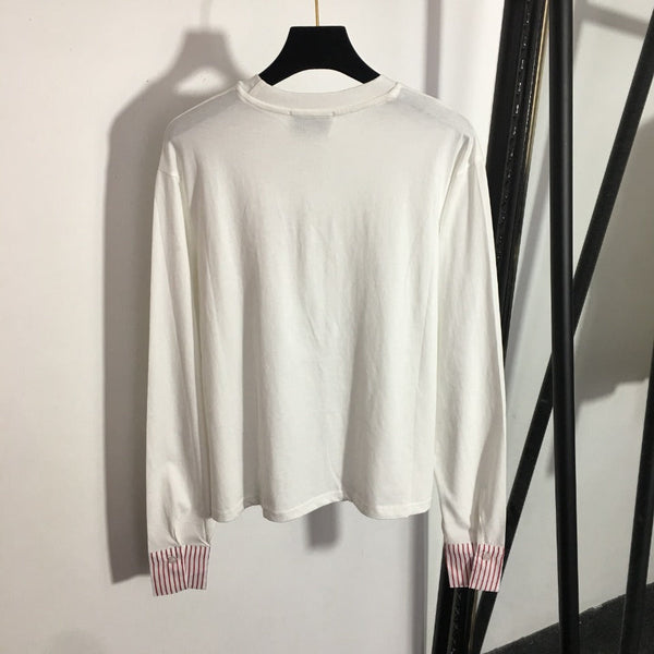Chanel Striped Color Block Pocket Crew Neck Long Sleeve T-Shirt