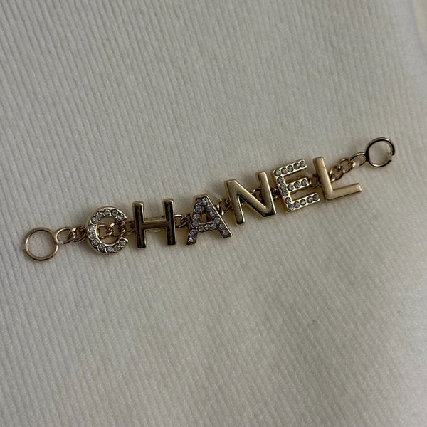 Chanel Metal Logo Lettering Pearl Gold Necklace Tassel Long-Sleeve Knit Top