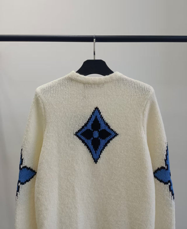 LV Solid Letter Jacquard Crew Neck Knit White Long Sleeve