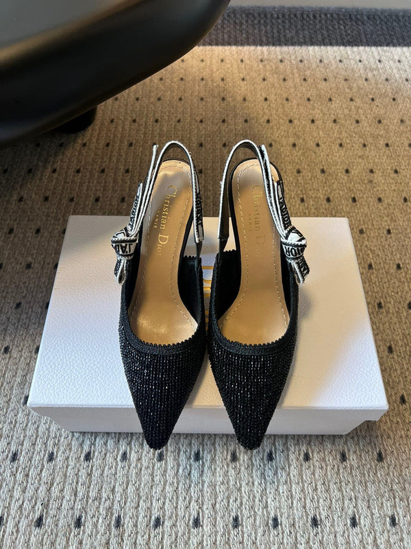 CD J'Adior Slingback heels 95 Black in Cotton with Metallic Thread Embroidery 598134