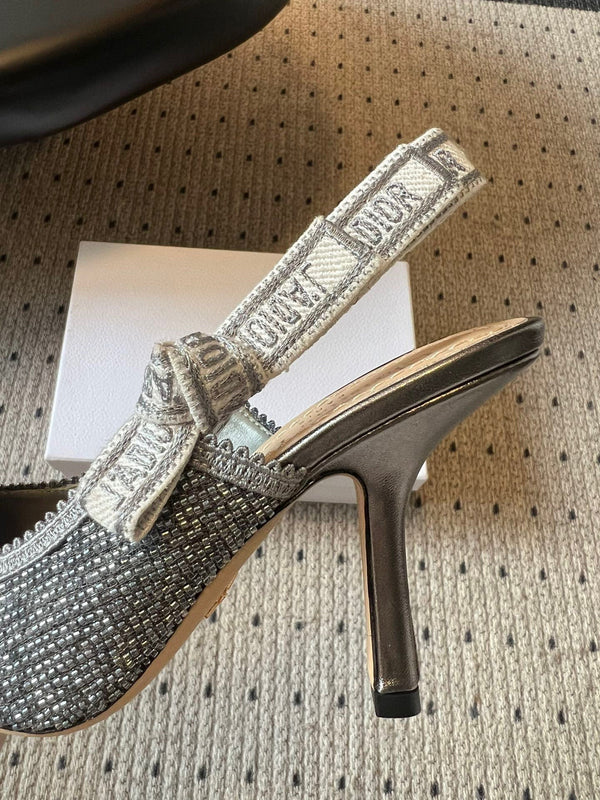 CD J'Adior Slingback heels 95 Gray in Cotton with Metallic Thread Embroidery 598133