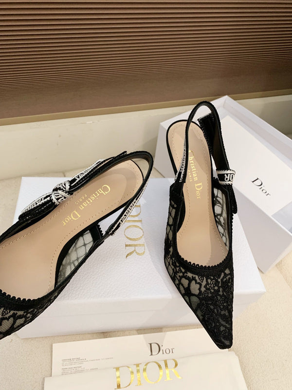 CD Ribbon Lace Open-toe Black Sandals 95 in Sheepskin 598116