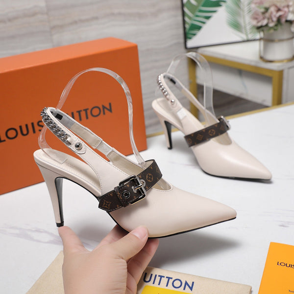 LV Vibe Slingback Pumps 95 White Glossy Naplak Leather 600673