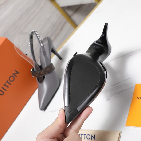 LV Vibe Slingback Pumps 95 Gray Glossy Naplak Leather 600674