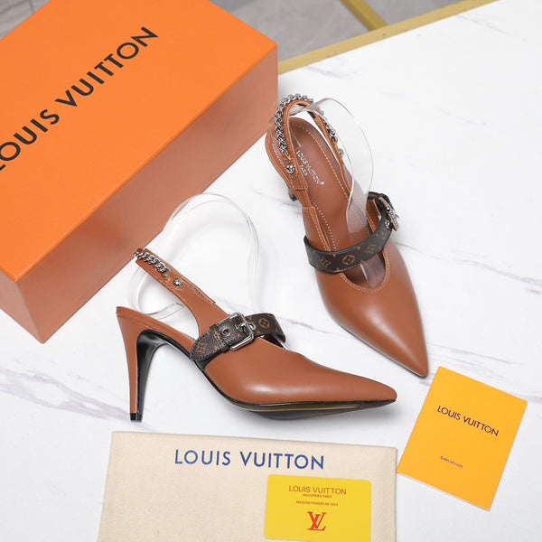 LV Vibe Slingback Pumps 95 Brown Glossy Naplak Leather 600675