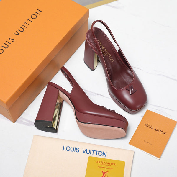 LV 26ss Chunky Heel Platform Slingback 11cm Burgundy in Cowhide 600739