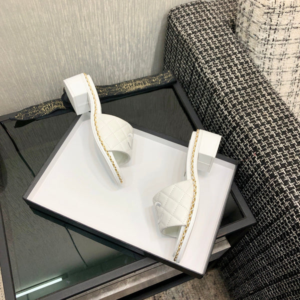 Chanel 26 High-Heeled Chain Slippers White in Lambskin 602483