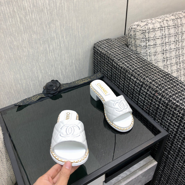 Chanel 26 High-Heeled Chain Slippers White in Lambskin 602483