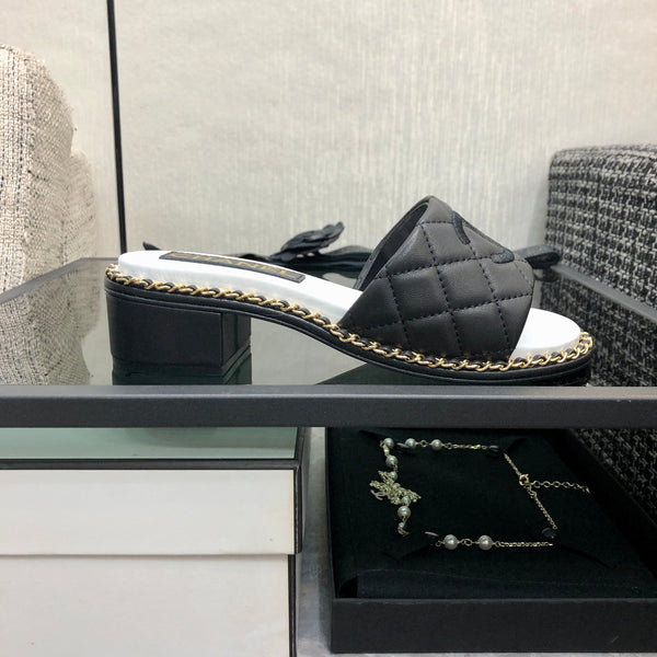 Chanel 26 High-Heeled Chain Slippers Black in Lambskin 602482