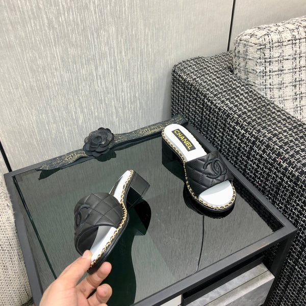 Chanel 26 High-Heeled Chain Slippers Black in Lambskin 602482