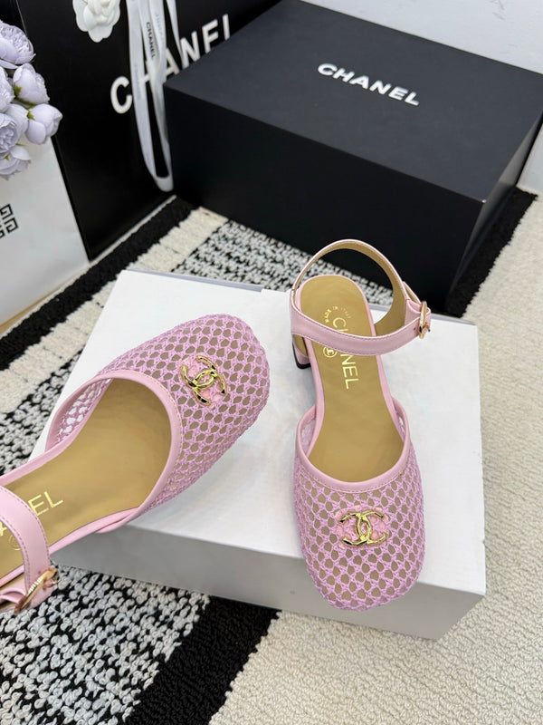 Chanel Square Toe Mary Jane Flats Pink in Mesh fabric 602170