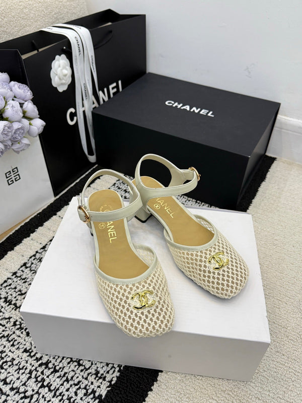 Chanel Square Toe Mary Jane Flats Off-white in Mesh fabric 602169