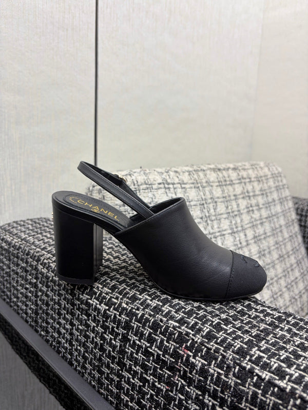 Chanel 26 Classic Chunky Heel Open Back Sandal 95 Black in Sheepskin 602497