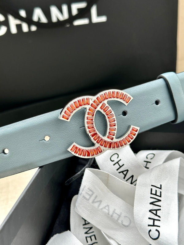 CC Women's Belt 3.0CM Light Blue Black Cowhide Red Buckle 616966