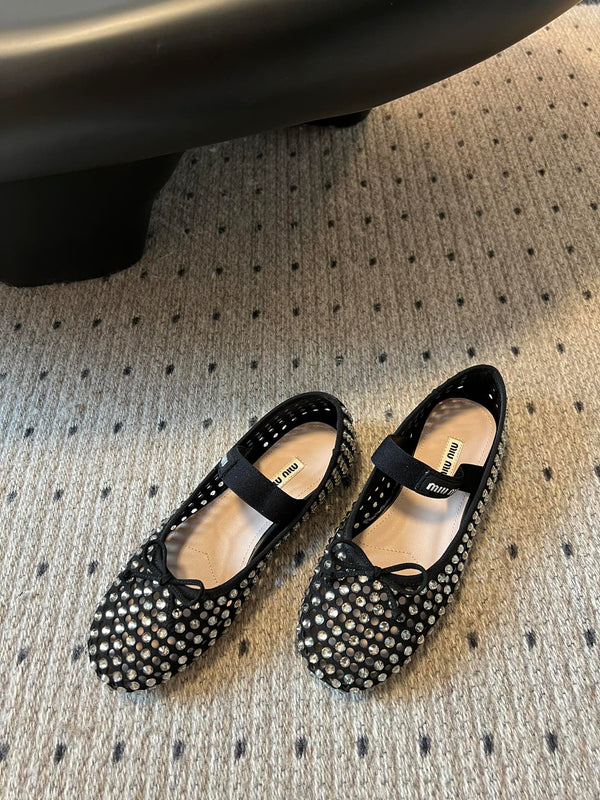 Miu Miu 26SS Ballet Flats Diamond-encrusted Black in Calfskin 614697